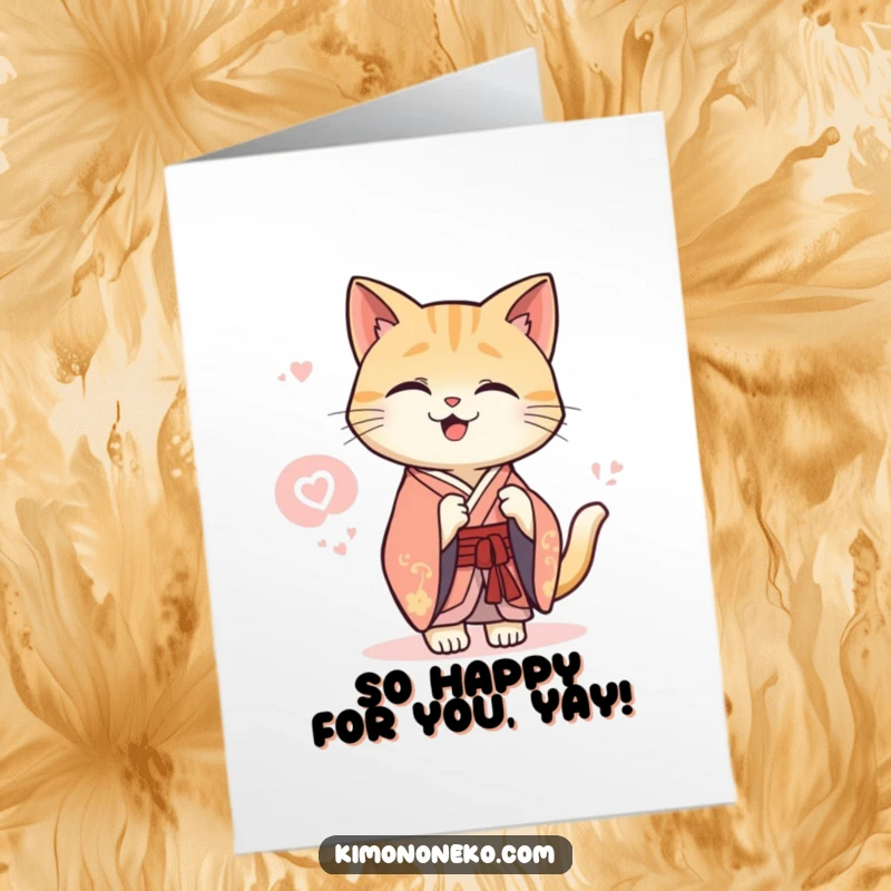 Funny Free Printable Congratulations Card: Kawaii cat in an elegant kimono shares a secret giggle, celebrating good news.