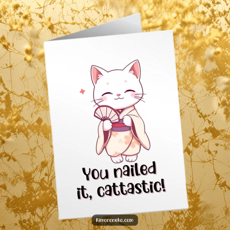Funny Free Printable Congratulations Card: a white cat in a delicate kimono gracefully holds a fan, conveying warm wishes.