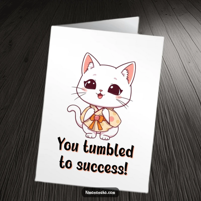 Funny Free Printable Congrats Card: Kawaii cat in a whimsical kimono attempting a clumsy somersault, mid-fall.