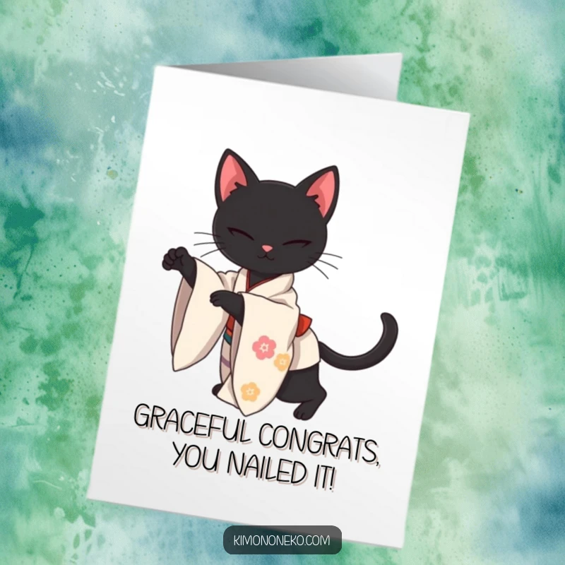Funny Free Printable Congratulations Card: A black kawaii cat wearing a kimono stretches elegantly.