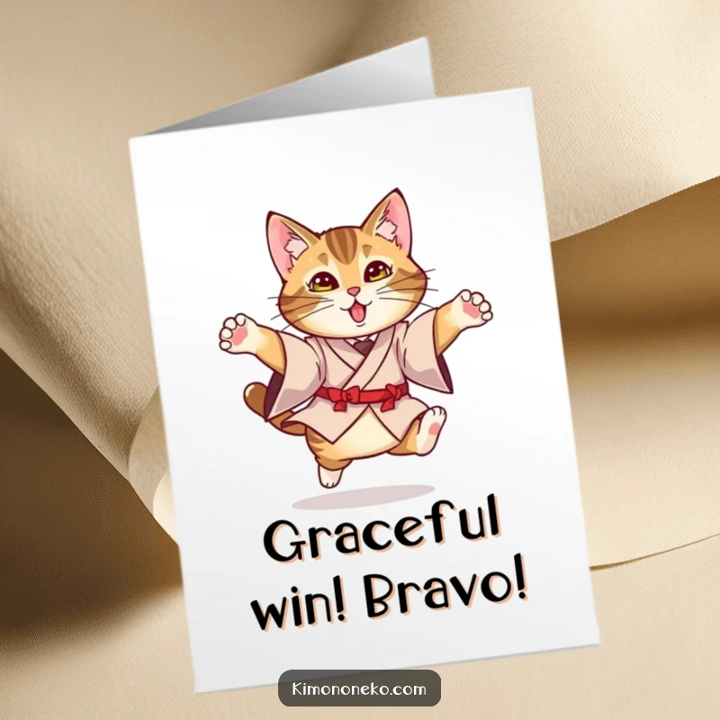 Funny Free Printable Congrats Card: Tabby cat in elegant kimono mid-leap, celebrating achievements with dramatic flair.