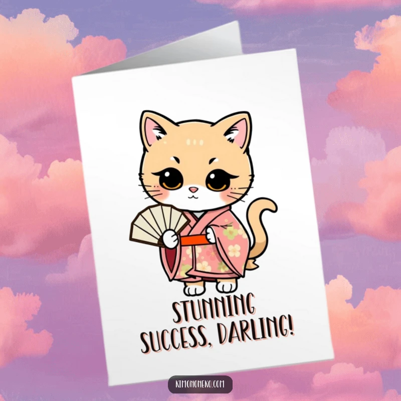 Funny Free Printable Congrats Card: Kawaii cat in a kimono artfully poses with a fan, exuding sophisticated charm.