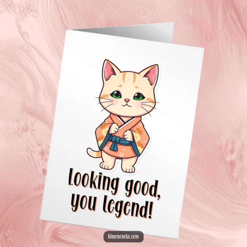 Funny Free Printable Congrats Card: Kawaii stylized cat in a kimono strikes a confident, proud stance.
