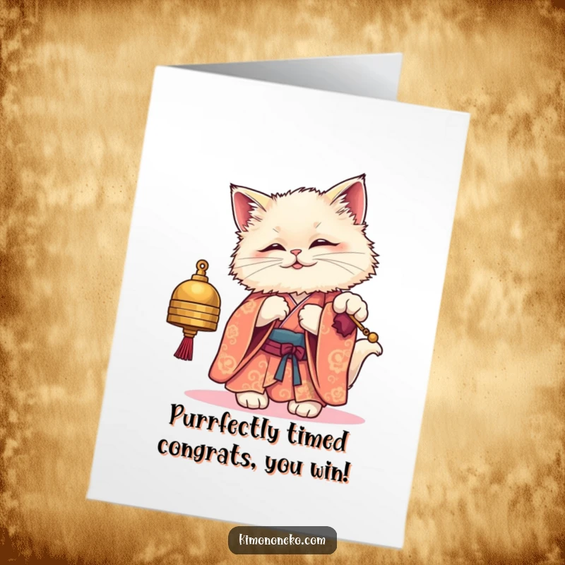 Funny Free Printable Congratulations Card: A cute kawaii cat in a kimono plays with a bell.