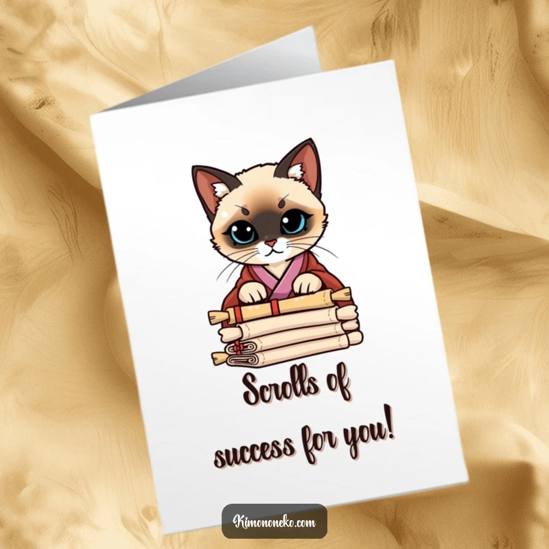 Funny Free Printable Congrats Card: Siamese cat in a stylish kimono curiously inspecting a stack of scrolls, acknowledging success.
