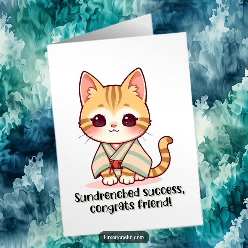 Funny Free Printable Congrats Card: Content kawaii tabby cat in a striped kimono enjoying sunshine.