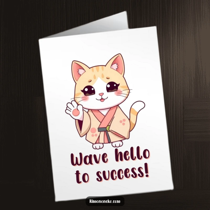 Funny Free Printable Congratulations Card: a smiling cat in a kimono waves warmly, conveying heartfelt congratulations with a cheerful expression.