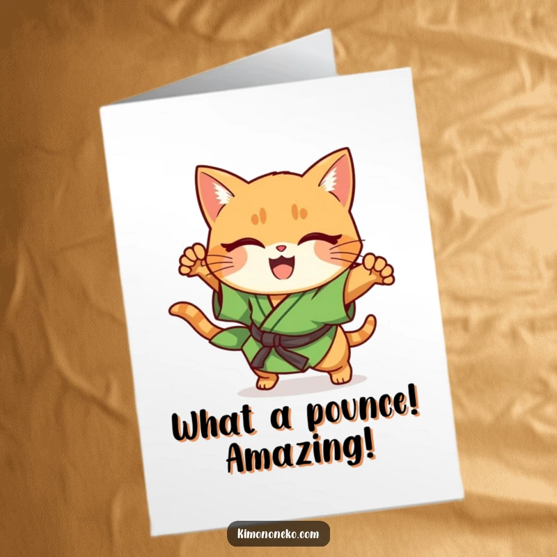 Funny Free Printable Congrats Card: Cute kawaii ginger cat in kimono, executing a surprise pounce.