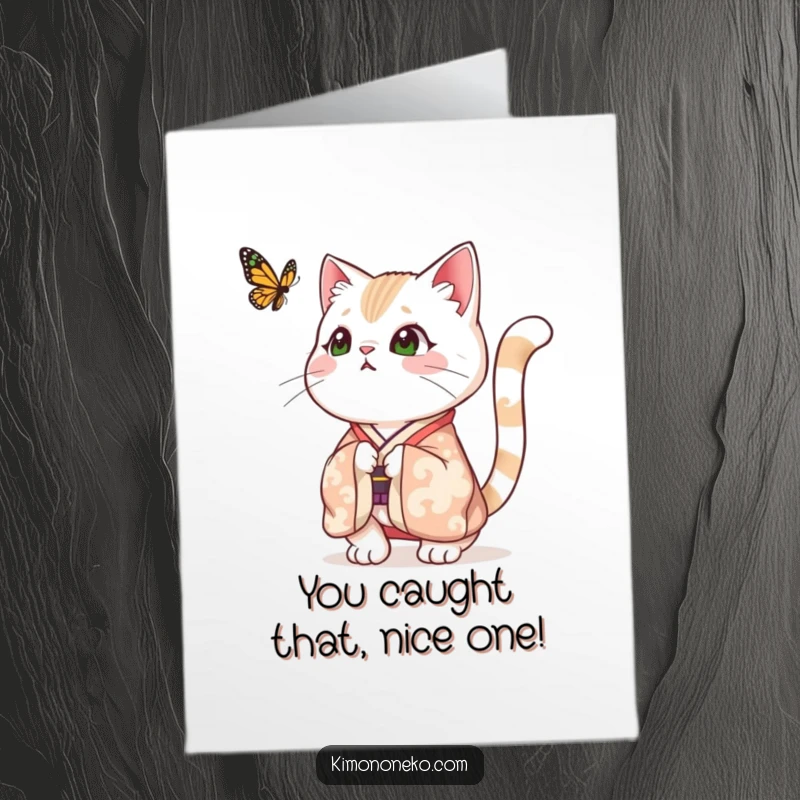 Funny Free Printable Congratulations Card of a surprised cat in a festive kimono, tail puffed, startled by a butterfly.