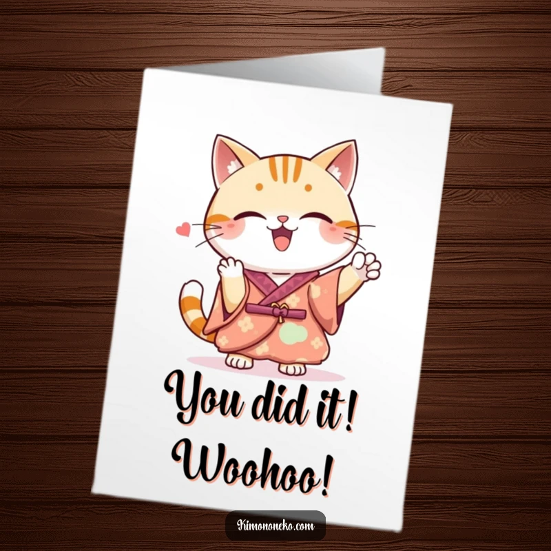 Funny Free Printable Congrats Card: Kawaii cat in a kimono enthusiastically cheers, radiating pure excitement and celebration.