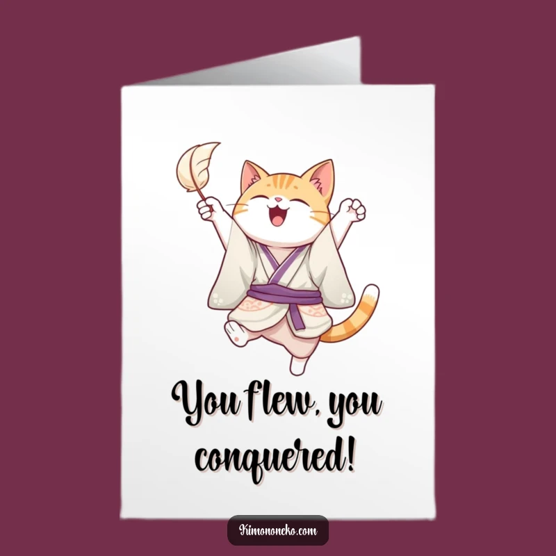 Free Printable Cat Congratulations Card: Funny Joyful Kimono Feather Downloadable Gift