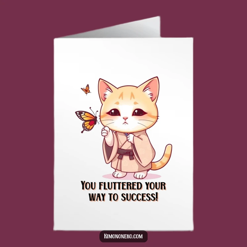 Free Printable Congrats Card: Whimsical Kimono Cat & Butterfly - Downloadable Gift