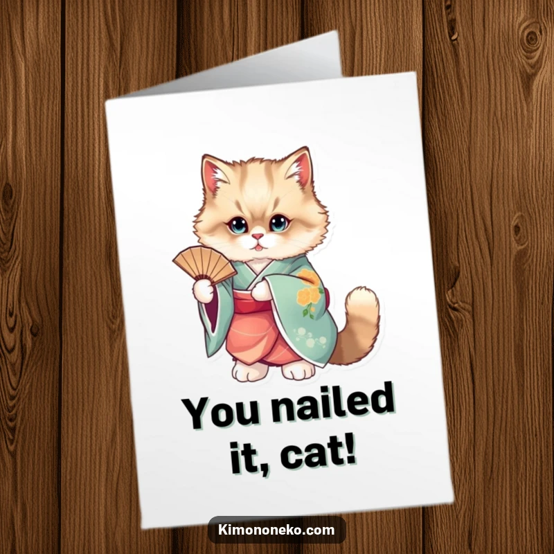Funny Free Printable Congratulations Card: A fluffy cat dressed in a colorful kimono gracefully holds a fan, celebrating success.