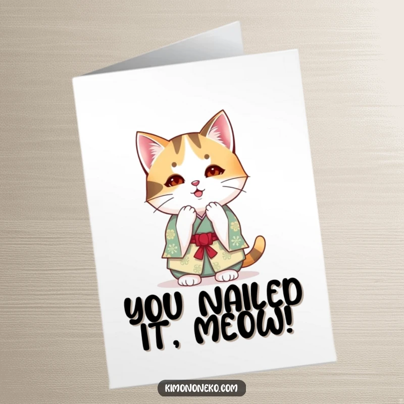 Funny free printable congratulations card with a Kawaii calico cat in a kimono bowing in celebration.