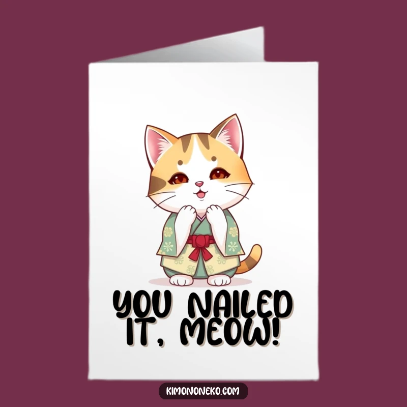 Free Printable Kawaii Calico Cat Congratulations Card: Bowing Success