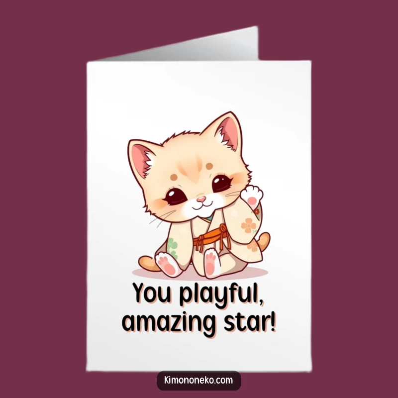 Free Printable Kitten Congrats Card: Tumbling Floral Kimono - Cheerful Downloadable Message
