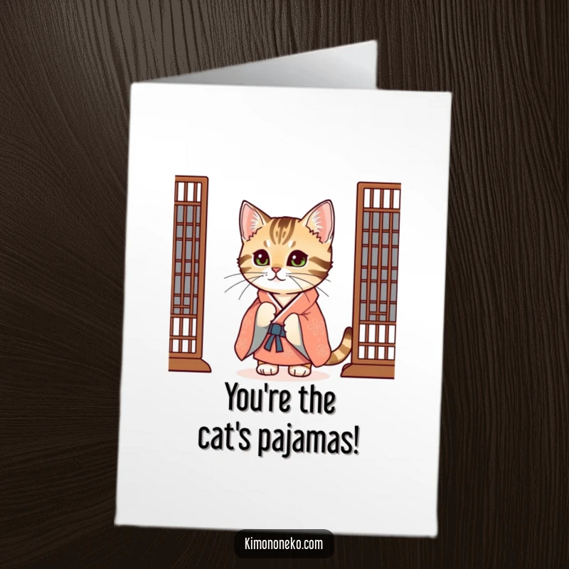 Funny Free Printable Congrats Card: A curious tabby cat in a festive kimono peeking from behind a screen to share joy.