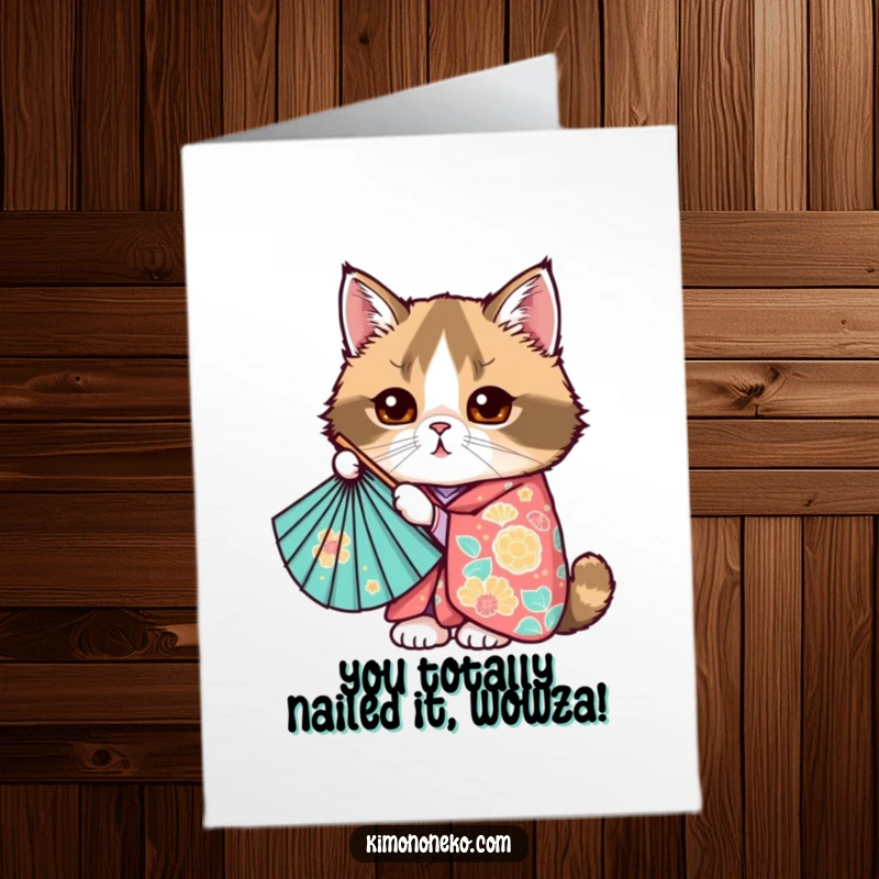 Funny Free Printable Congratulations Card: A Kawaii Scottish Fold cat in a kimono, playfully peeking from behind a fan.