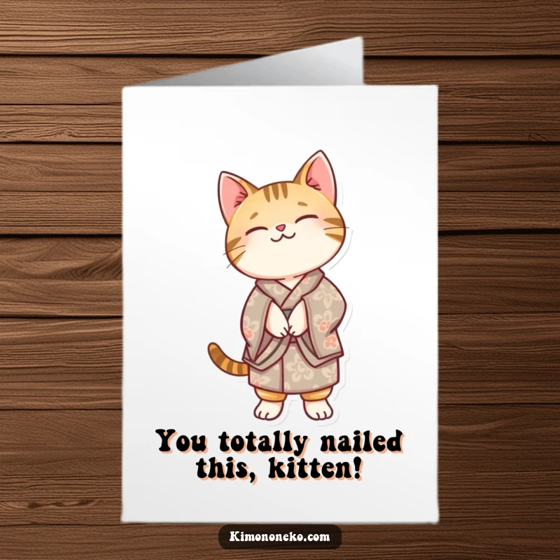 Funny Free Printable Congratulations Card: A Kawaii tabby cat in a patterned kimono, balancing on hind legs, celebrating your win.