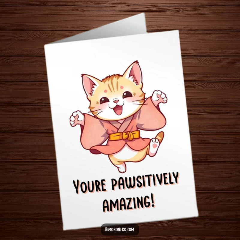 Funny Free Printable Congrats Card: A playful kitten in a colorful kimono energetically leaps with excitement.