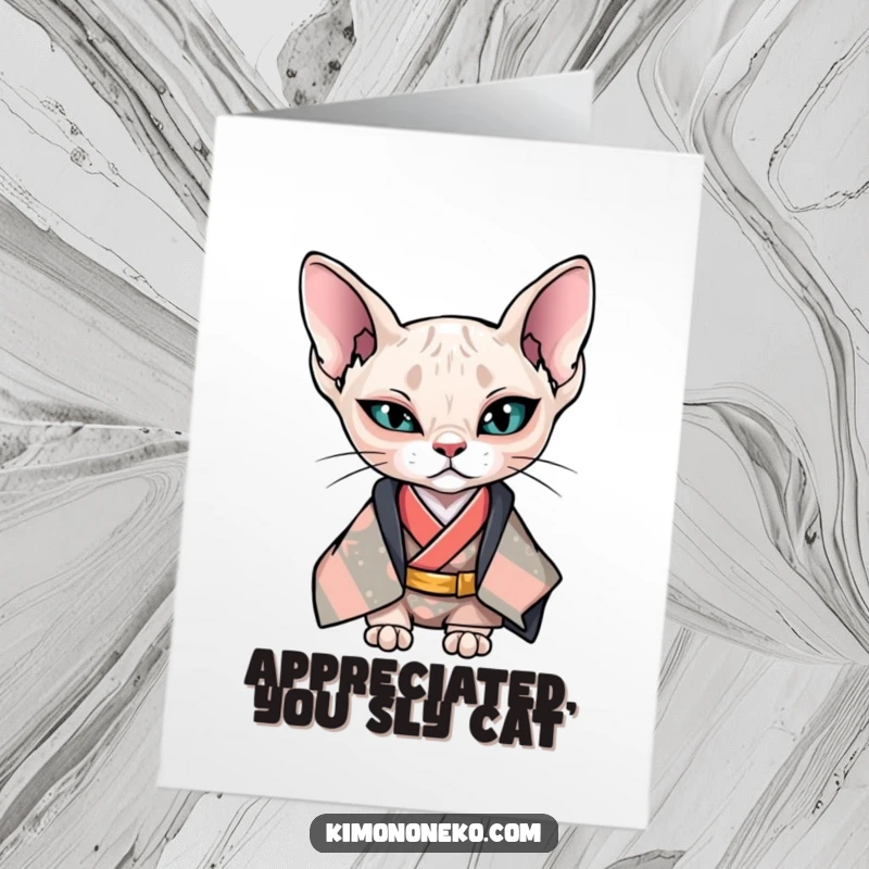 Funny Free Printable Thank You Card: A Kawaii Sphynx cat in a cool kimono, giving a confident wink.