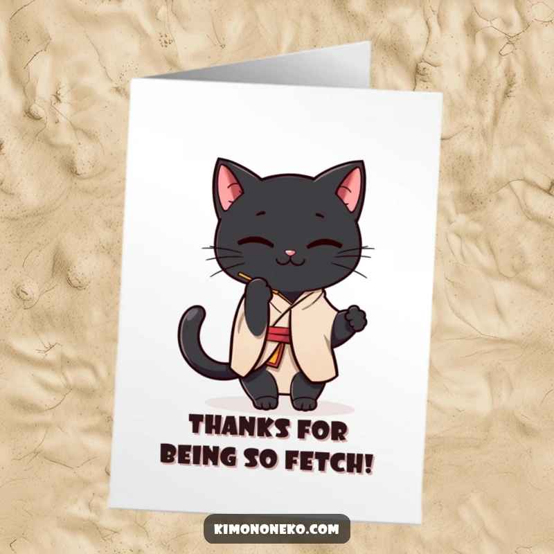 Funny Free Printable Thank You Card of a Kawaii black cat in a simple kimono, playfully swatting at a string.