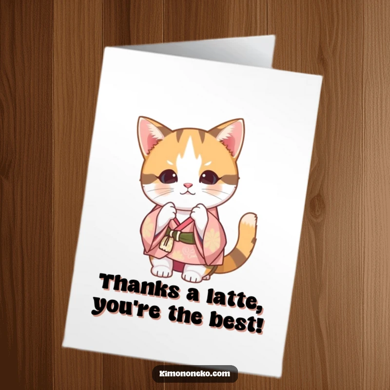 Funny Free Printable Thank You Card showcasing a Kawaii calico cat in a festive kimono, bowing to express sincere thanks.