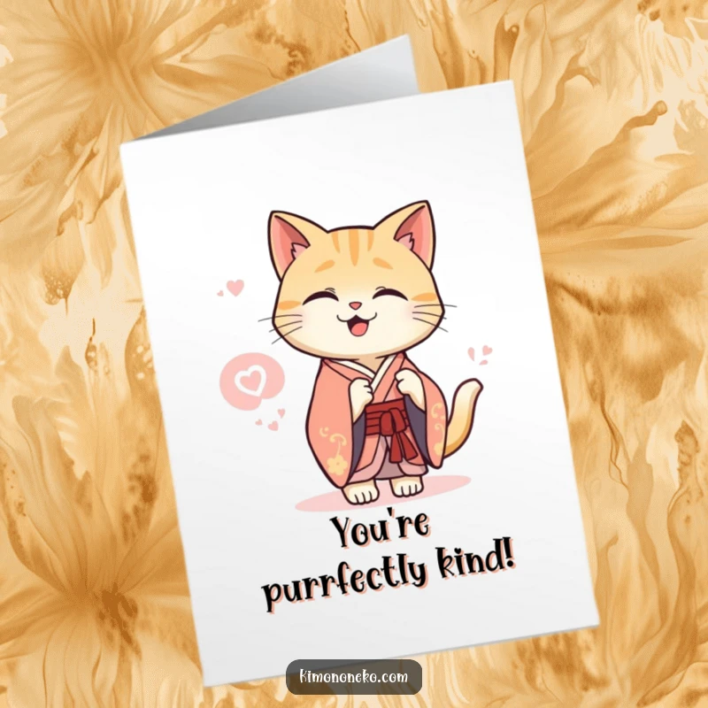 Funny Free Printable Thank You Card: Kawaii cat in an elegant kimono shares a secret giggle, a charming thank you.