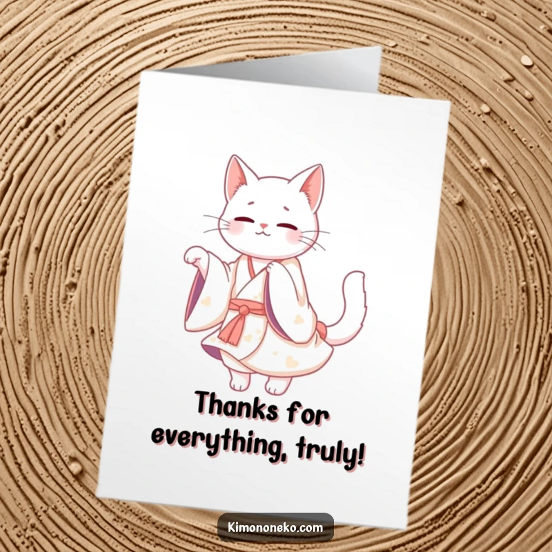 Funny Free Printable Thank You Card featuring a Kawaii white cat in a flowing kimono, twirling gracefully to show thanks.
