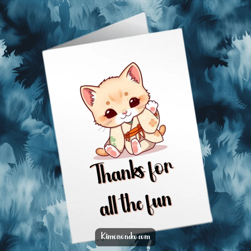 Funny Free Printable Thank You Card: A cute kitten in a floral kimono playfully tumbling to show its gratitude.