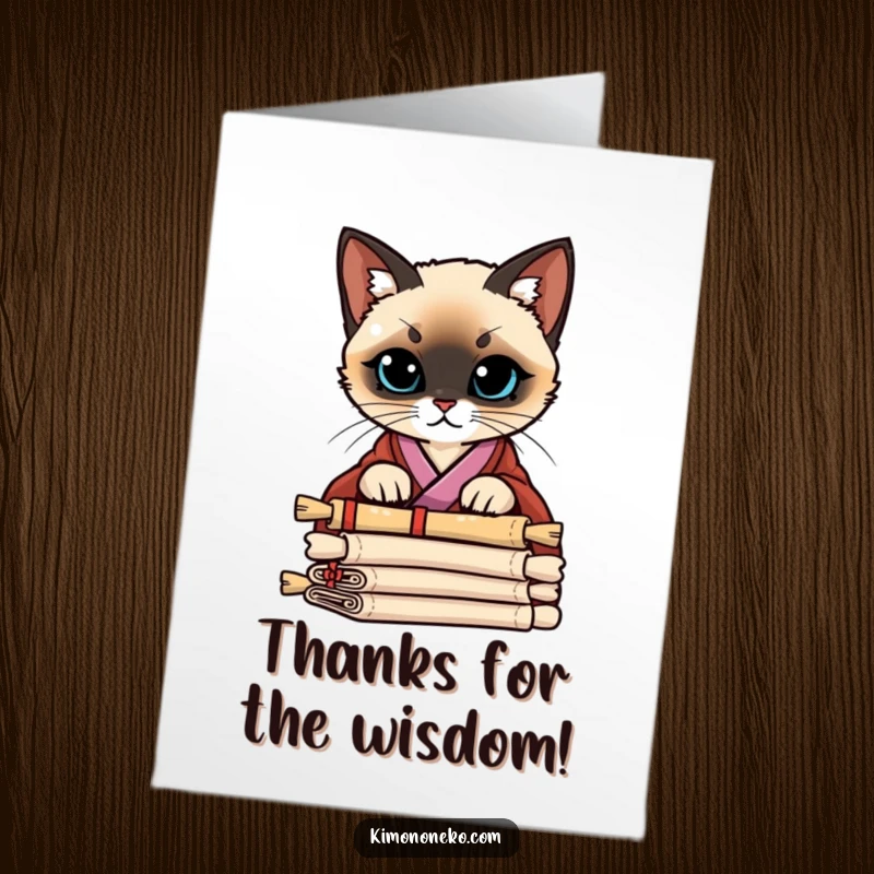 Funny Free Printable Thank You Card: Siamese cat in a stylish kimono peering over scrolls with curiosity, expressing thanks.