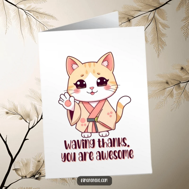 Funny Free Printable Thank You Card: a smiling cat in a kimono waves happily, sending a cute and humorous thank you.