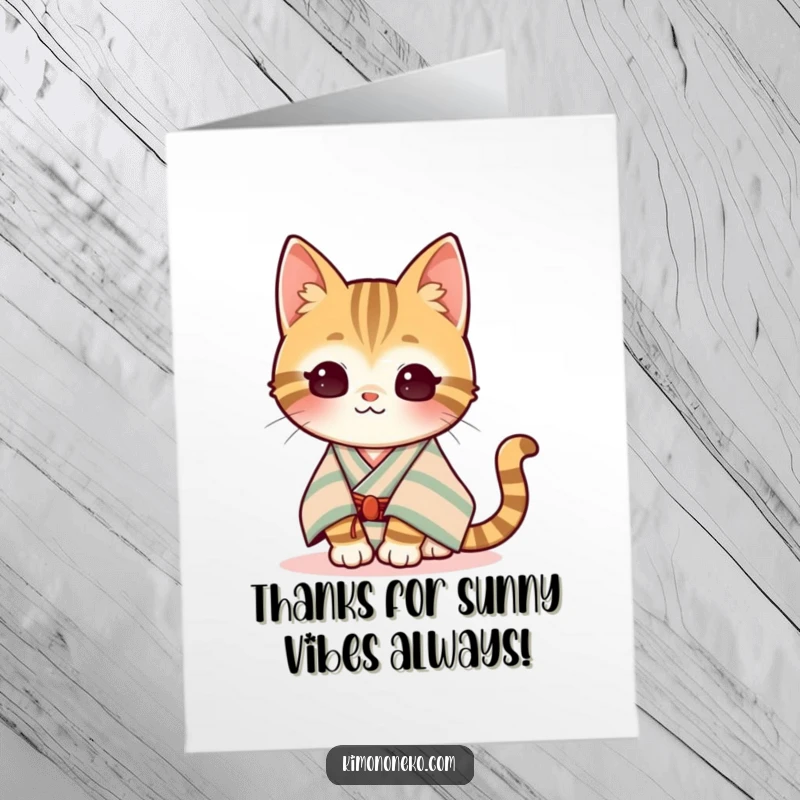 Funny Free Printable Thank You Card: Content kawaii tabby cat in a striped kimono basking peacefully.