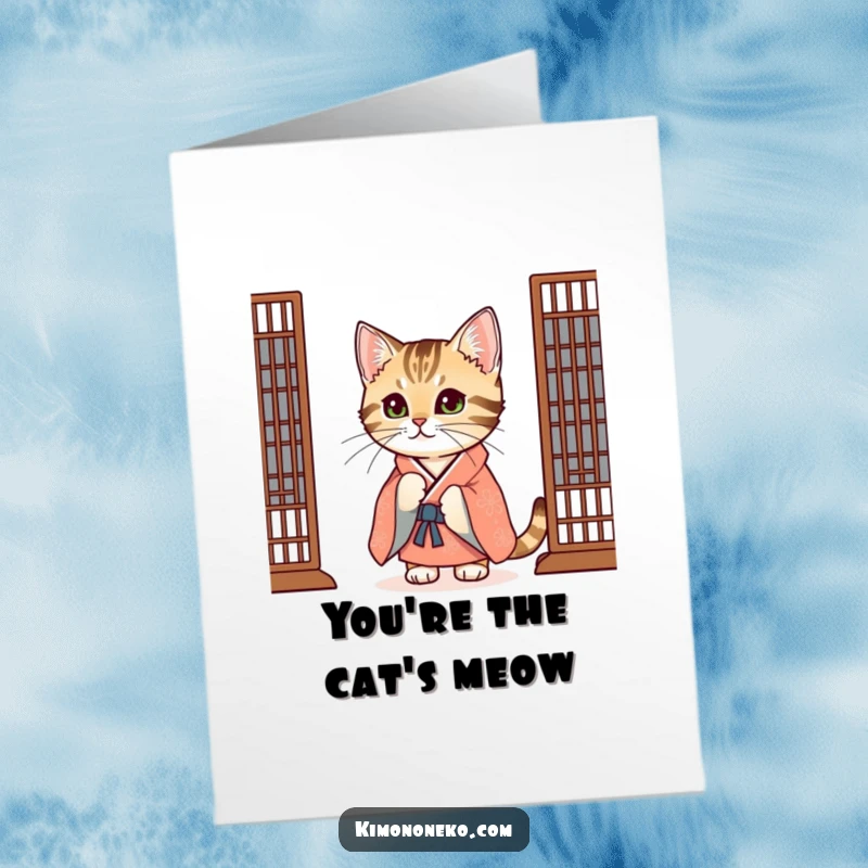 Funny Free Printable Thank You Card: A curious tabby cat in a festive kimono peeking from behind a screen to say thanks.