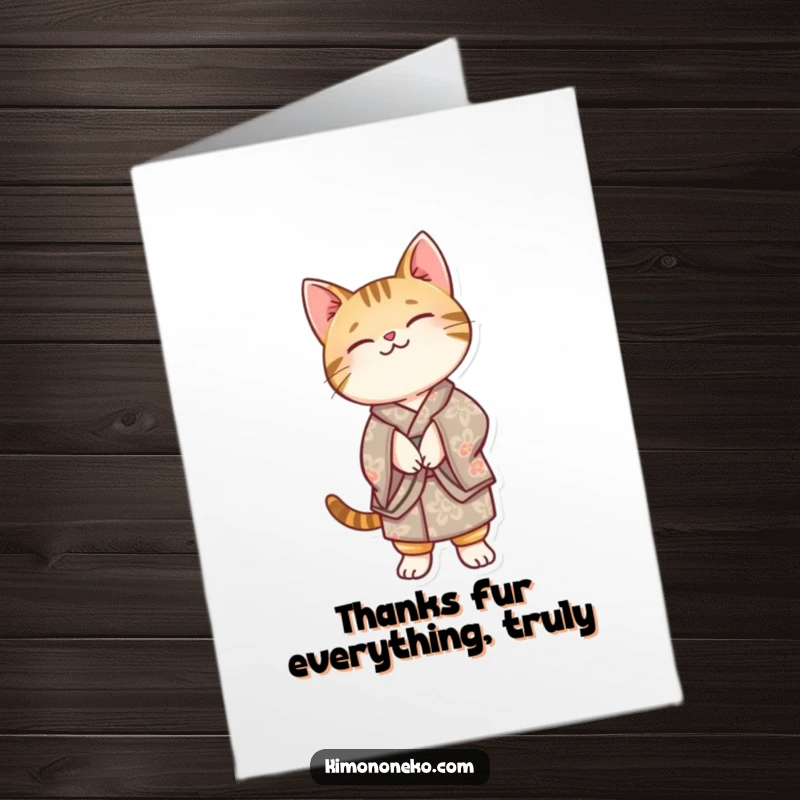 Funny Free Printable Thank You Card: Kawaii tabby cat in a patterned kimono, balancing on hind legs, showing gratitude.