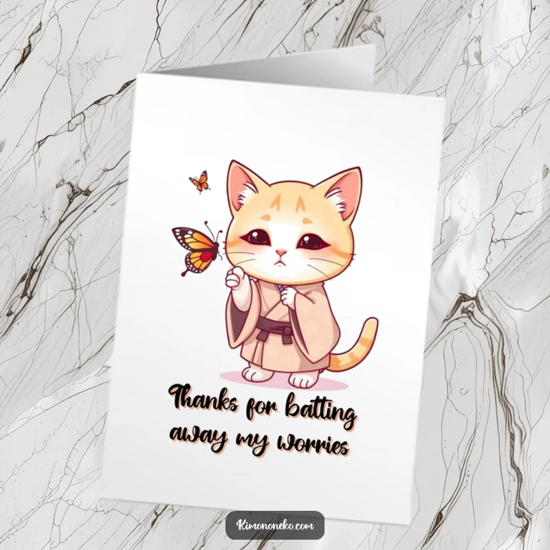 Funny Free Printable Thank You Card: Cat in traditional kimono playfully batting at a butterfly, expressing thanks.