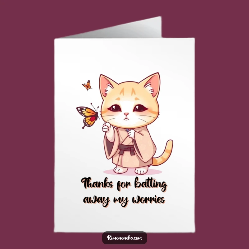 Free Printable Thank You Card: Funny Kimono Cat & Butterfly - Downloadable Gift