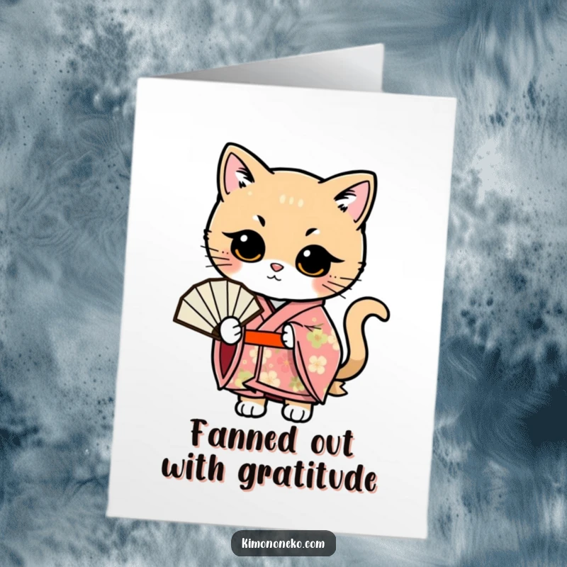 Funny Free Printable Thank You Card: Kawaii cat in a floral kimono poses artfully with a fan, showing graceful appreciation.