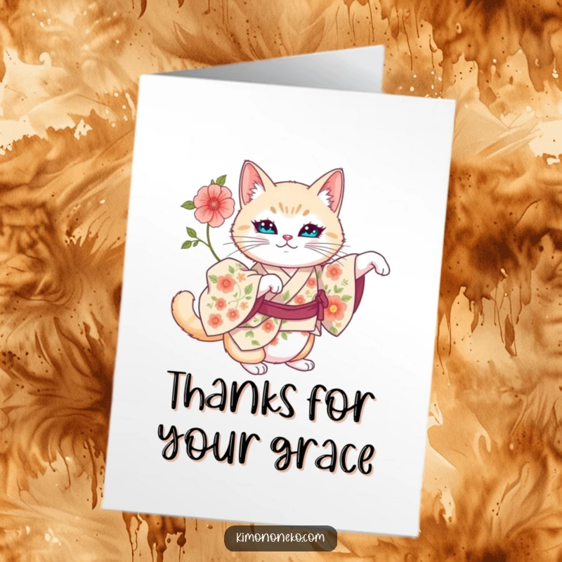 Funny Free Printable Thank You Card: an artistic cat in a floral kimono stretching regally, a classy and funny thank you note.