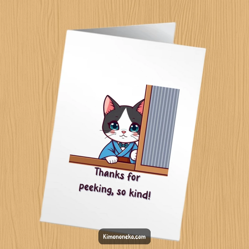 Free Printable Thank You Card: A curious kawaii tuxedo cat in a blue kimono peeks playfully.