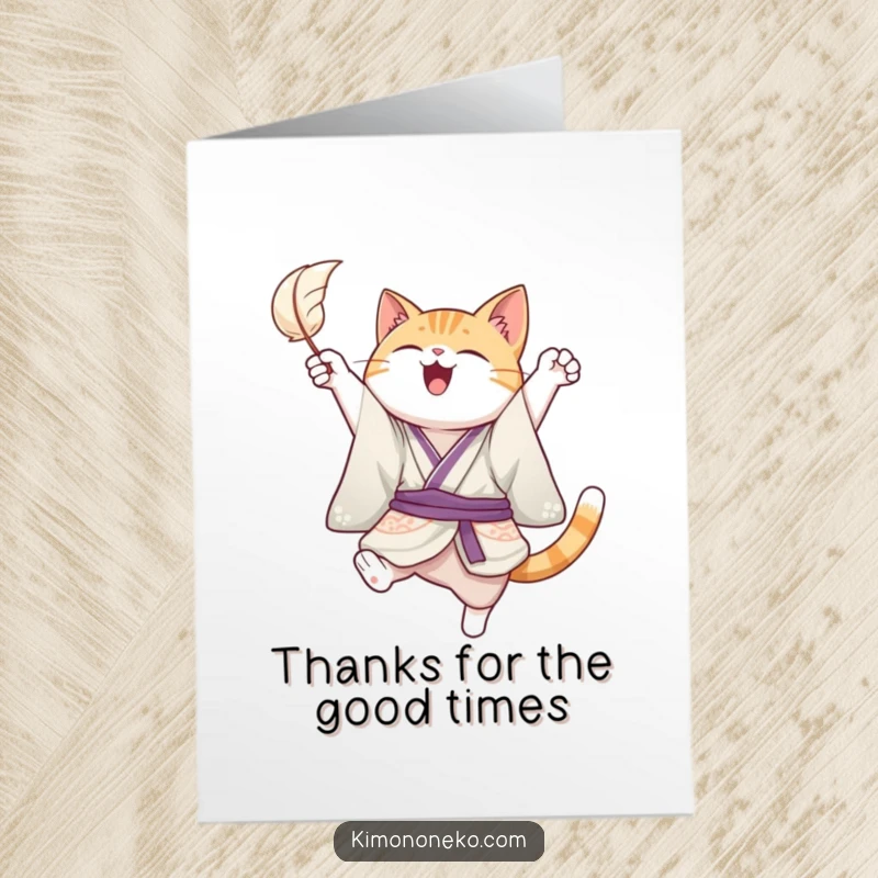 Funny Free Printable Thank You Card of a joyful cat in a kimono, leaping playfully to catch a floating feather.