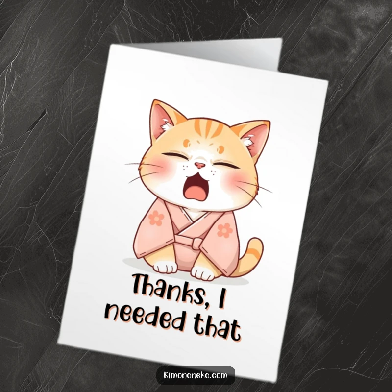 Funny Free Printable Thank You Card of a sleepy cat in a soft kimono, yawning adorably with eyes half-closed.