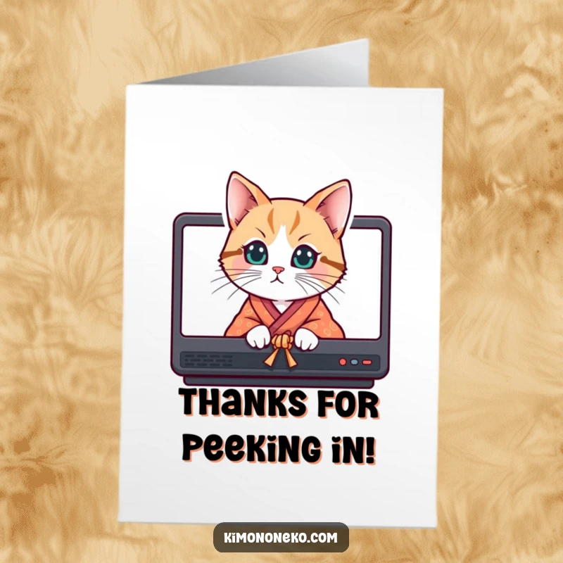 Funny Free Printable Thank You Card: A curious cat in a bright kimono peeking from behind screens with thanks.