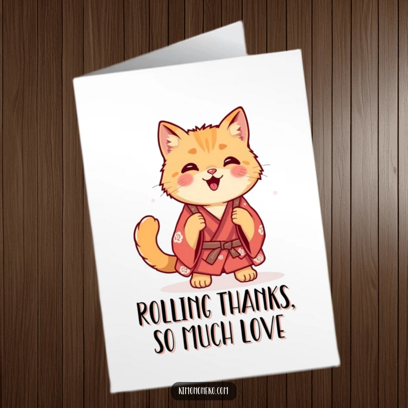 Funny Free Printable Thank You Card: A ginger cat in a casual kimono performs a happy, tumbling roll.