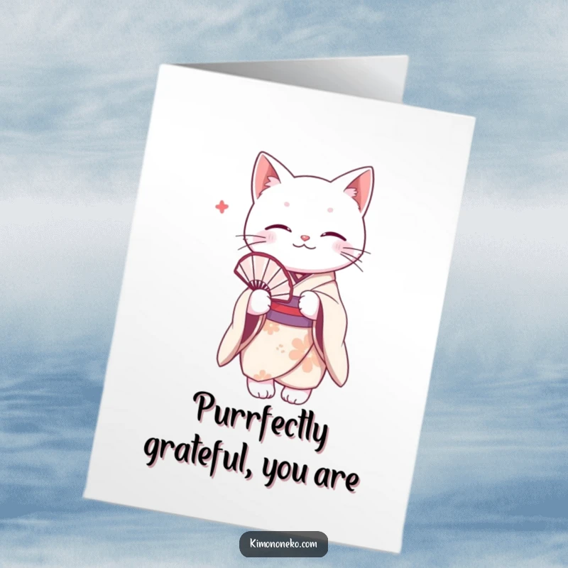 Funny Free Printable Thank You Card featuring a white cat in a delicate kimono holding a fan, offering sweet gratitude.