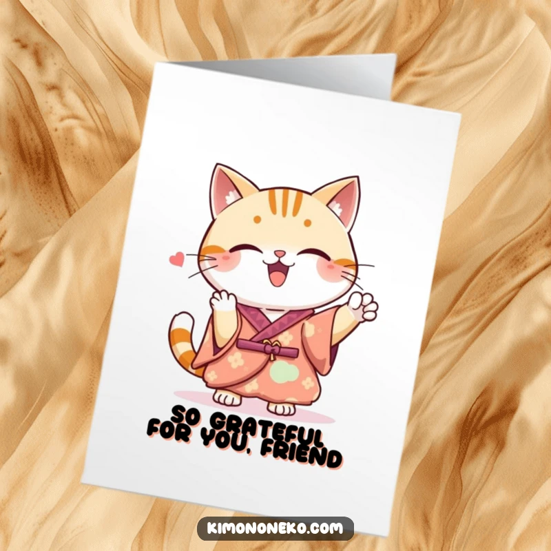 Funny Free Printable Thank You Card: Kawaii cat in a kimono performs a spirited cheer, conveying heartfelt thanks with energy.