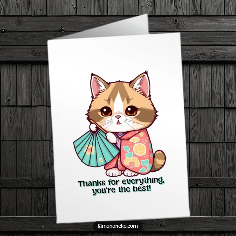 Funny Free Printable Thank You Card: Kawaii Scottish Fold cat in a kimono, peeking shyly from behind a fan.