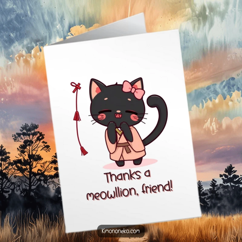 Funny Free Printable Thank You Card: Kawaii black cat in a kimono, playfully batting a string, expressing heartfelt thanks.