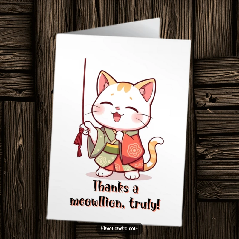 Funny Free Printable Thank You Card: Kawaii cat in a kimono batting a string, exuding playful gratitude.