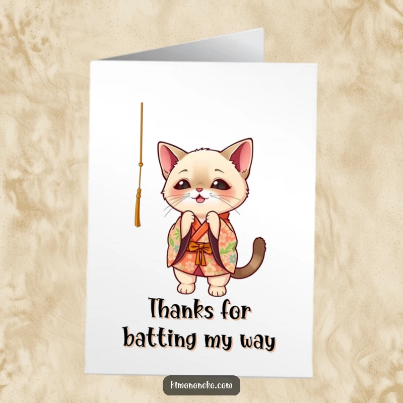 Funny Free Printable Thank You Card: Sweet Siamese cat in kimono, playfully batting, expressing thanks.